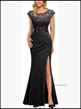 Scoop Neck Sequined Mermaid Maxi Evening Party Dress Cap Sleeve Zipper